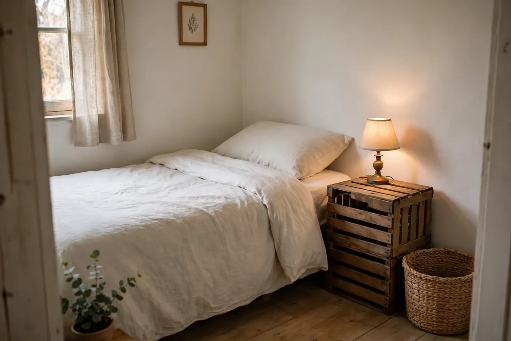 Bedroom with a wood crate nightstand and basket beside a bed with plain bedding.