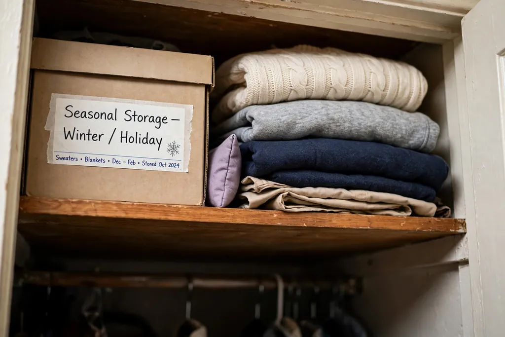 Closet top shelf with a labeled seasonal storage box beside folded clothes.