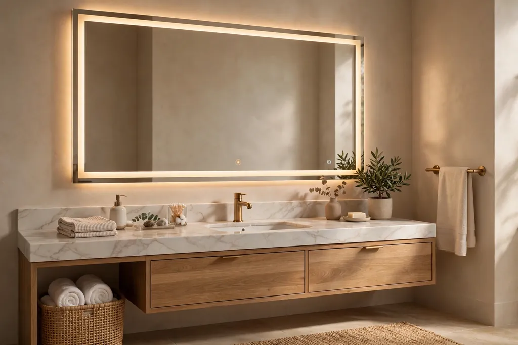 Bathroom vanity with a smart mirror with warm adjustable light and a clear defogged surface.