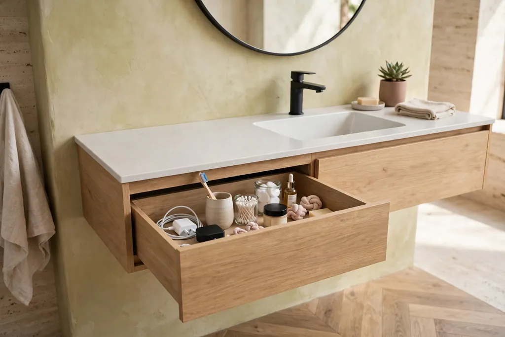Floating bathroom vanity with an open top drawer holding a phone charger and toiletries.