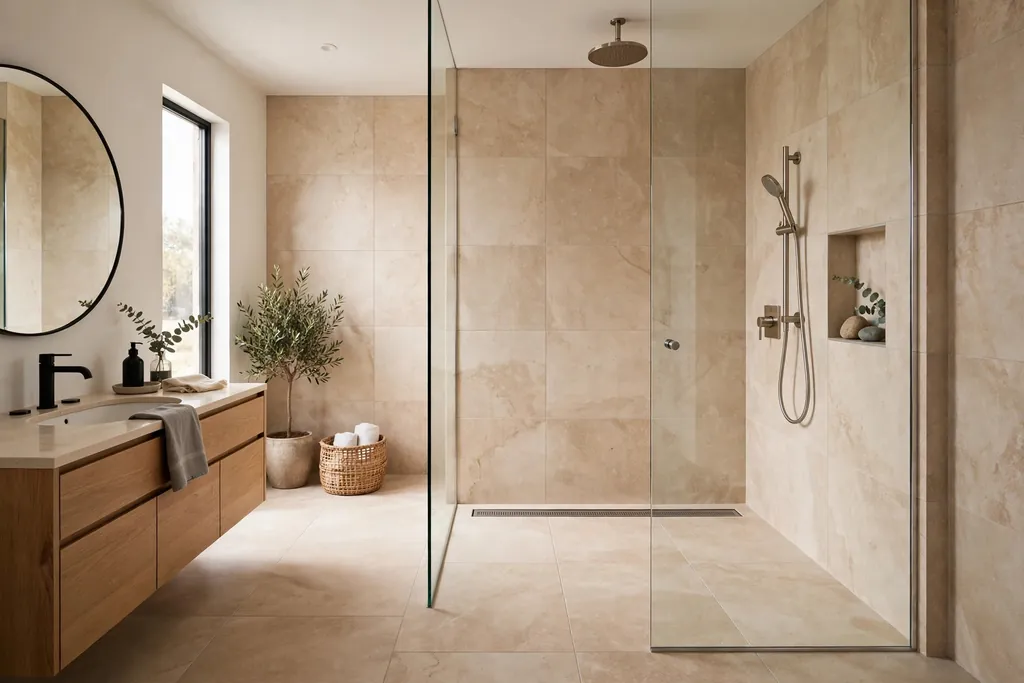 Frameless walk-in shower with a linear drain along the wall and large format tiles.