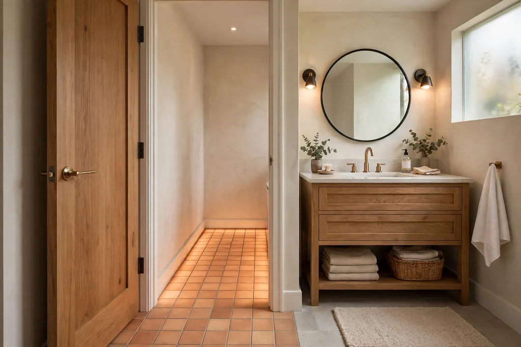 Bathroom with warm heated floor tiles in the walking zone between the door and vanity.