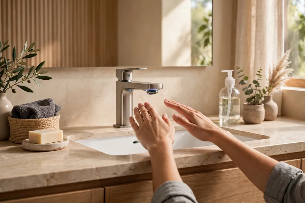 Bathroom sink with a touchless faucet and hands waved near the sensor.