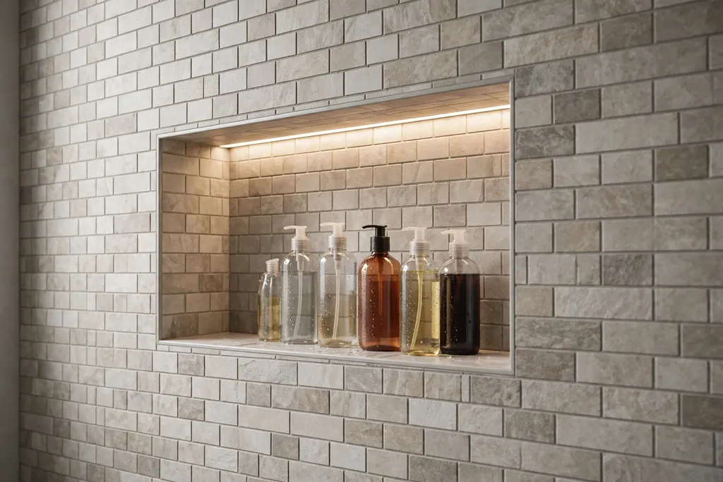 Recessed shower niche with a slim LED strip lighting shampoo bottles on a tiled wall.