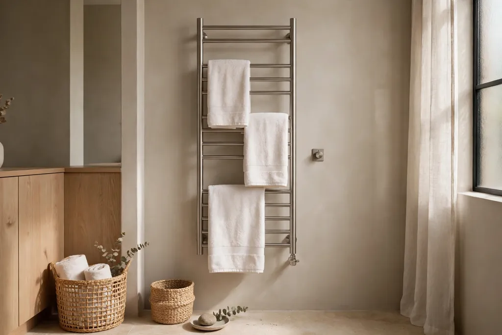 Heated towel ladder on a spare bathroom wall holding warm white towels.