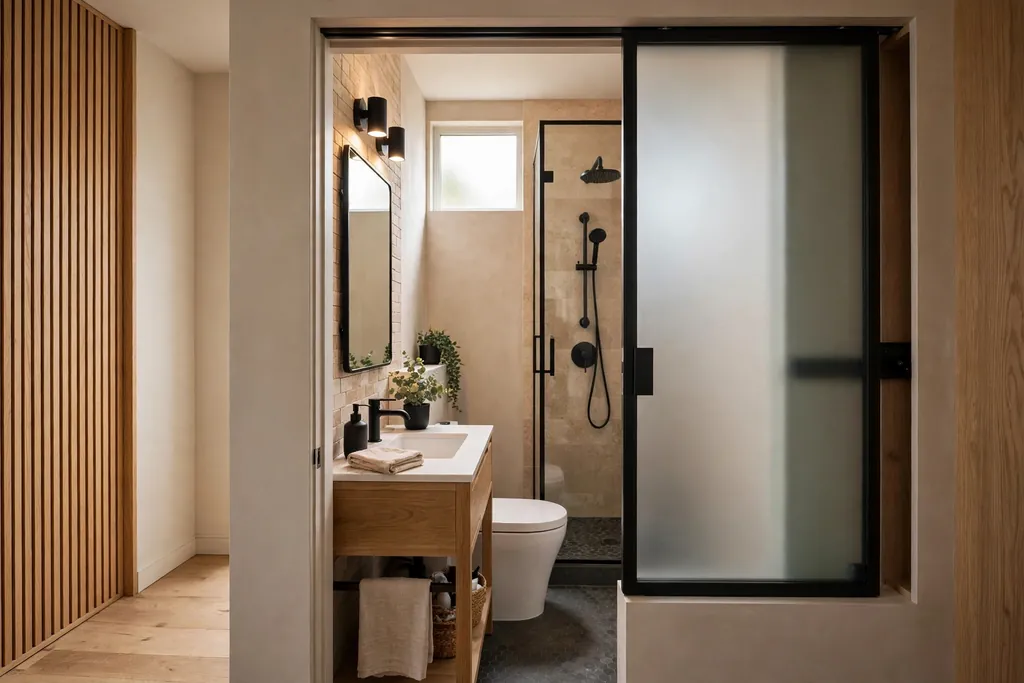 Frosted glass pocket door slid open into a small modern bathroom.