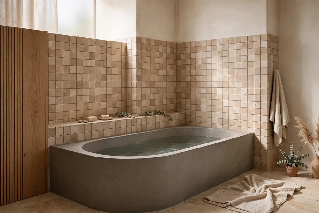 Deep soaking tub set into a tiled corner alcove with a small ledge for soap.
