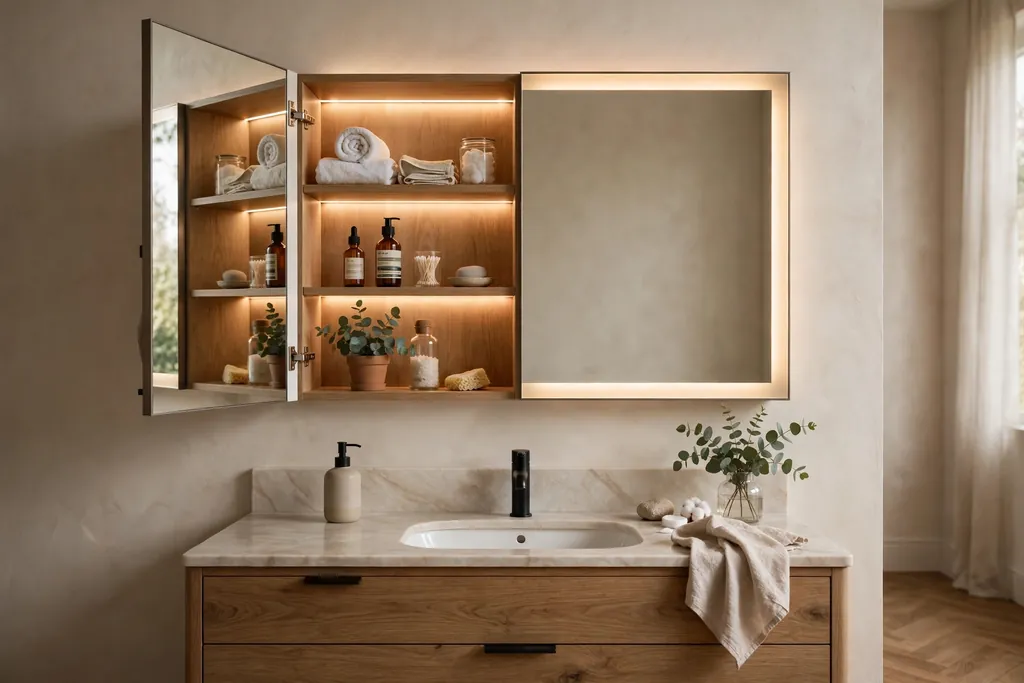 Backlit mirror cabinet above a vanity with the door open showing hidden shelves.