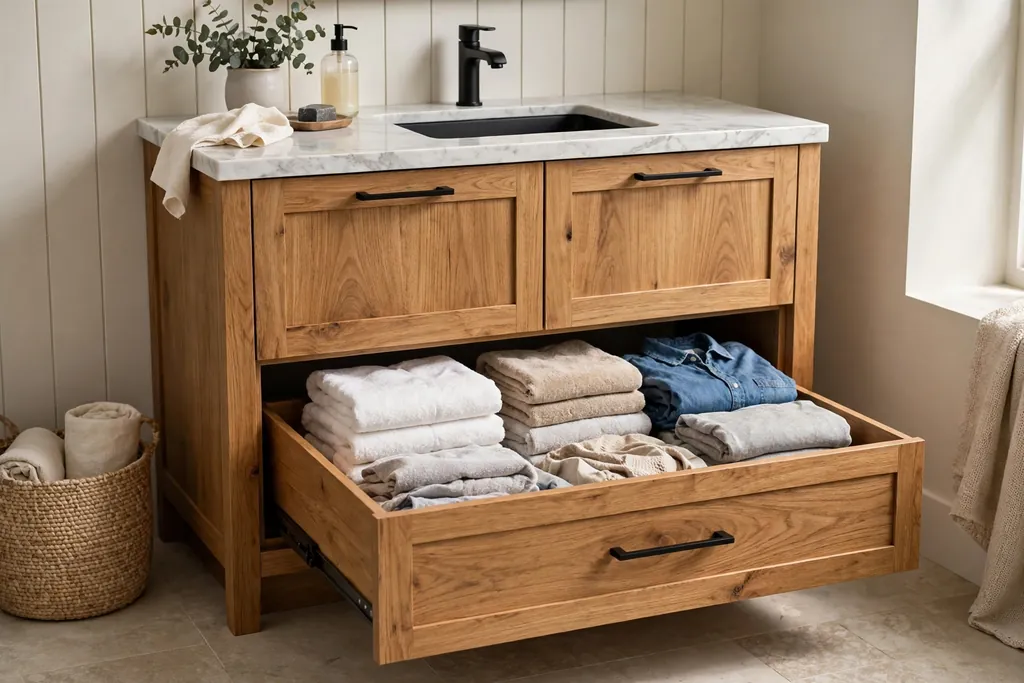 Vanity cabinet with a pull-out hamper drawer holding towels and laundry.