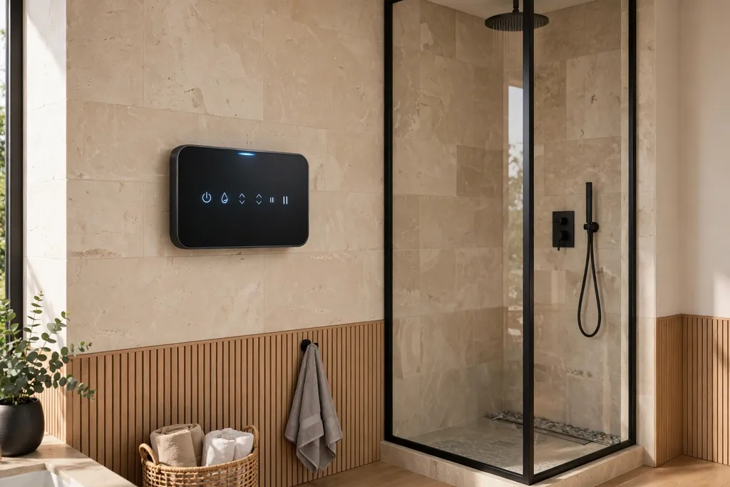 Digital shower control panel on a bathroom wall outside the shower spray zone.