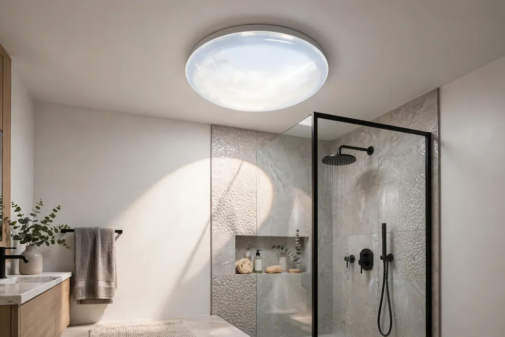Bathroom ceiling with a round solar tube diffuser bringing daylight over the shower area.