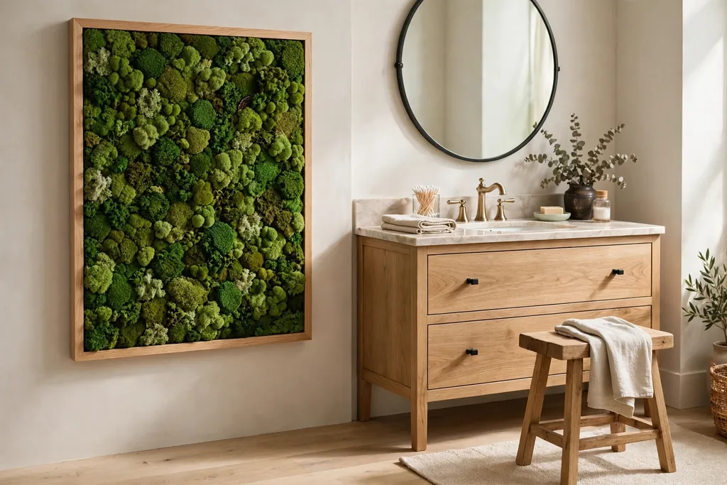 Preserved moss panel on a dry bathroom wall beside a vanity with a wood stool.
