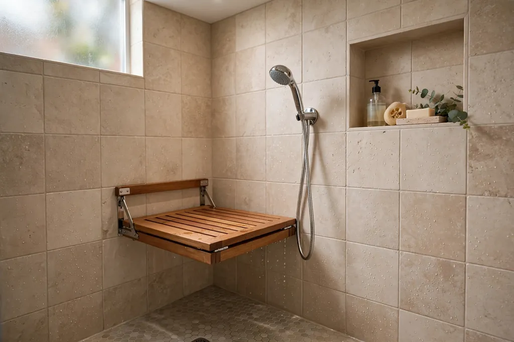 Fold-down teak seat in a tiled shower beside a handheld showerhead.