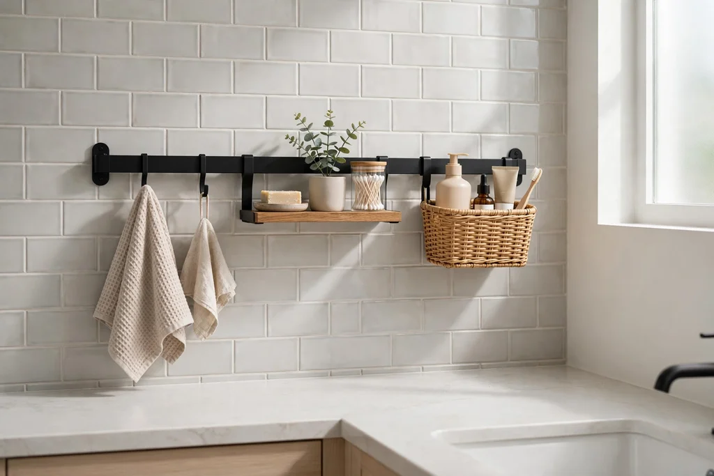 Modular wall rail in a bathroom holding hooks, a small shelf, and a basket.