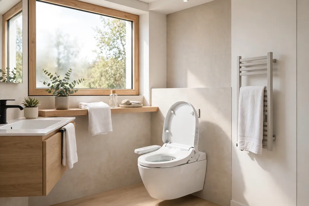 Modern toilet fitted with a bidet seat in a bright bathroom.