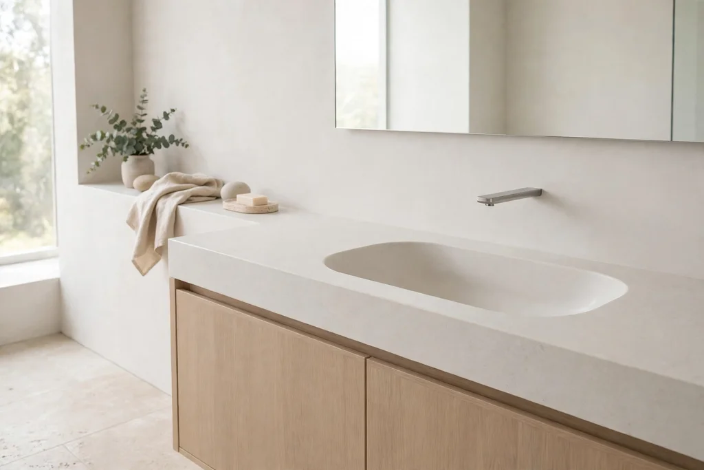 Bathroom vanity with an integrated sink and countertop in one smooth slab.