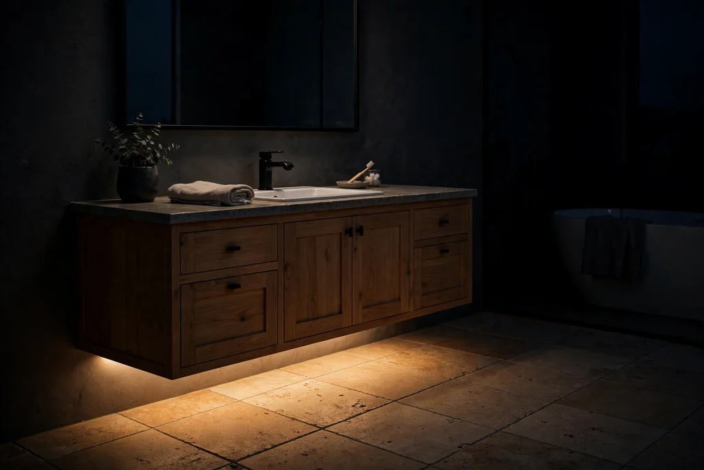 Soft motion sensor light glowing under a bathroom vanity at night.