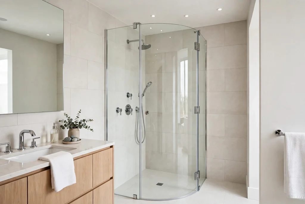 Curved glass shower screen bowed outward from a corner shower.