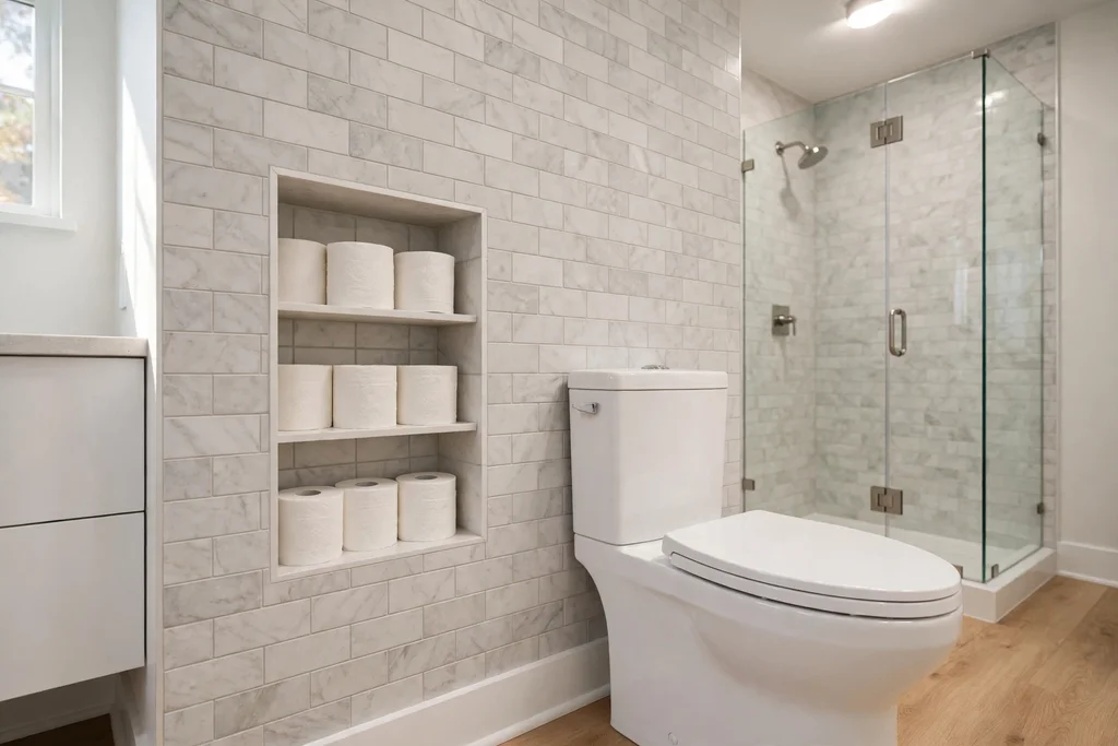 Recessed wall niche beside a toilet holding spare toilet paper rolls.