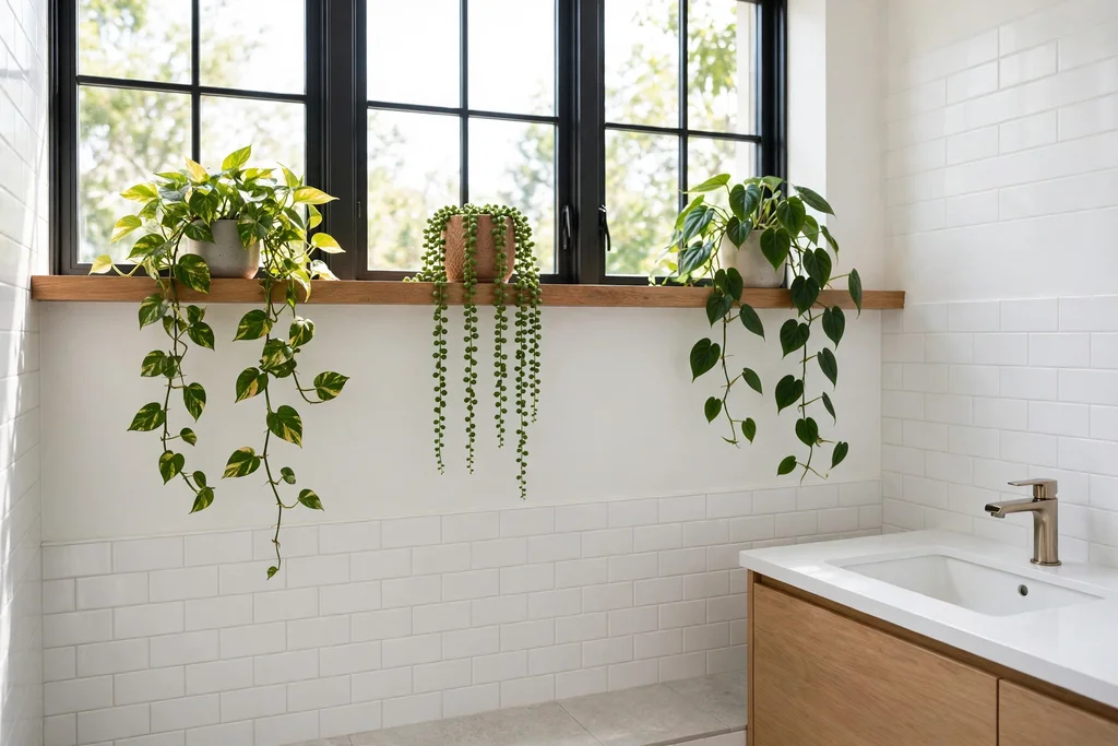 High bathroom ledge with trailing humidity loving plants near a window.