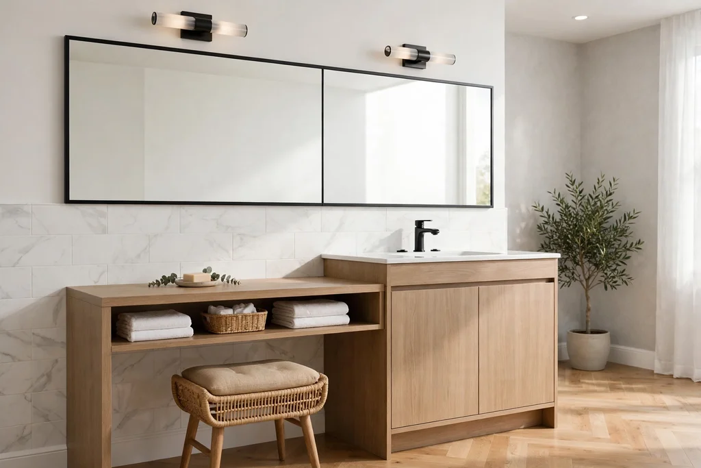 Split height bathroom vanity with a lower seated section and a standing basin.
