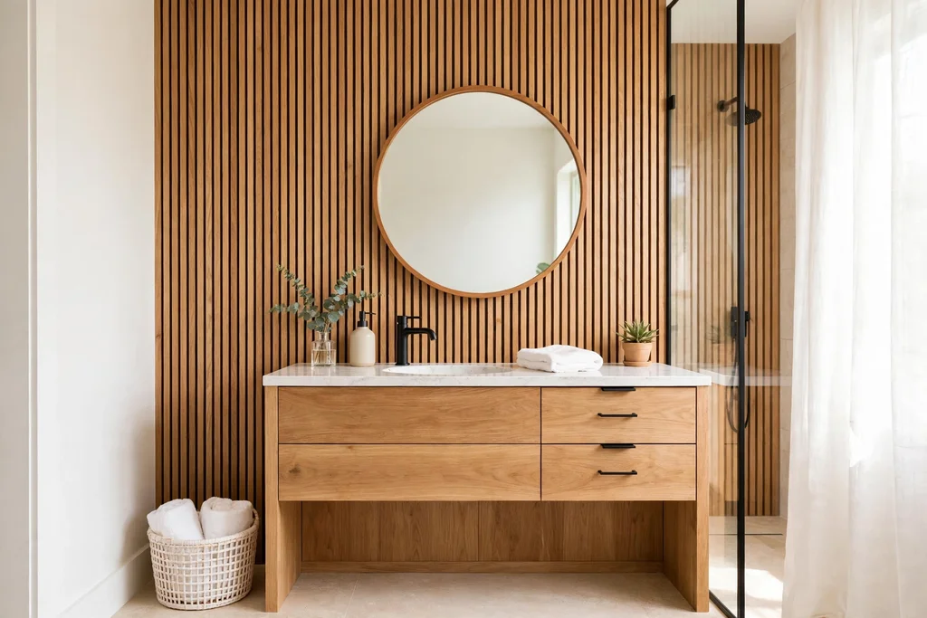 Sealed wood slat wall behind a bathroom vanity with a round mirror.
