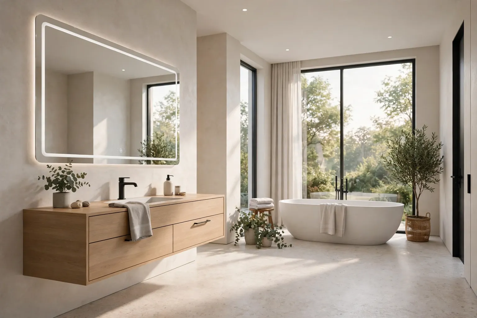 Wide bright modern bathroom with a floating vanity, a smart mirror, a freestanding tub, and soft daylight.