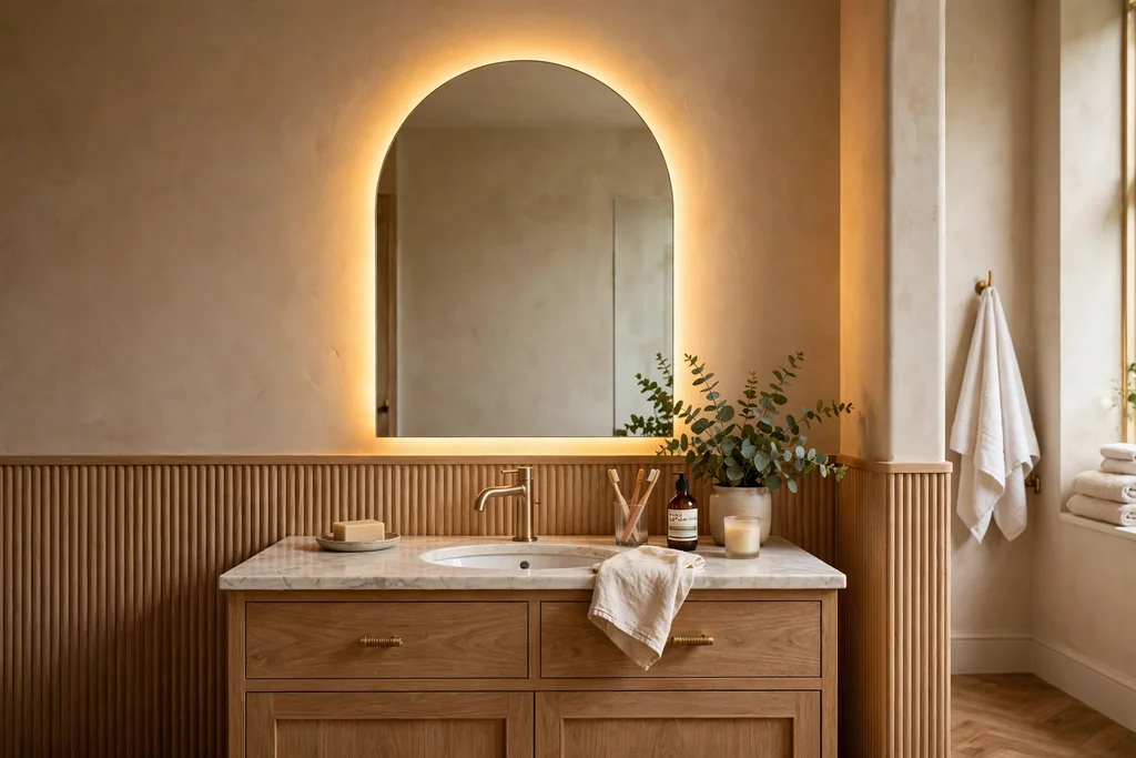 Arched bathroom mirror with a warm glowing light strip behind it above a vanity