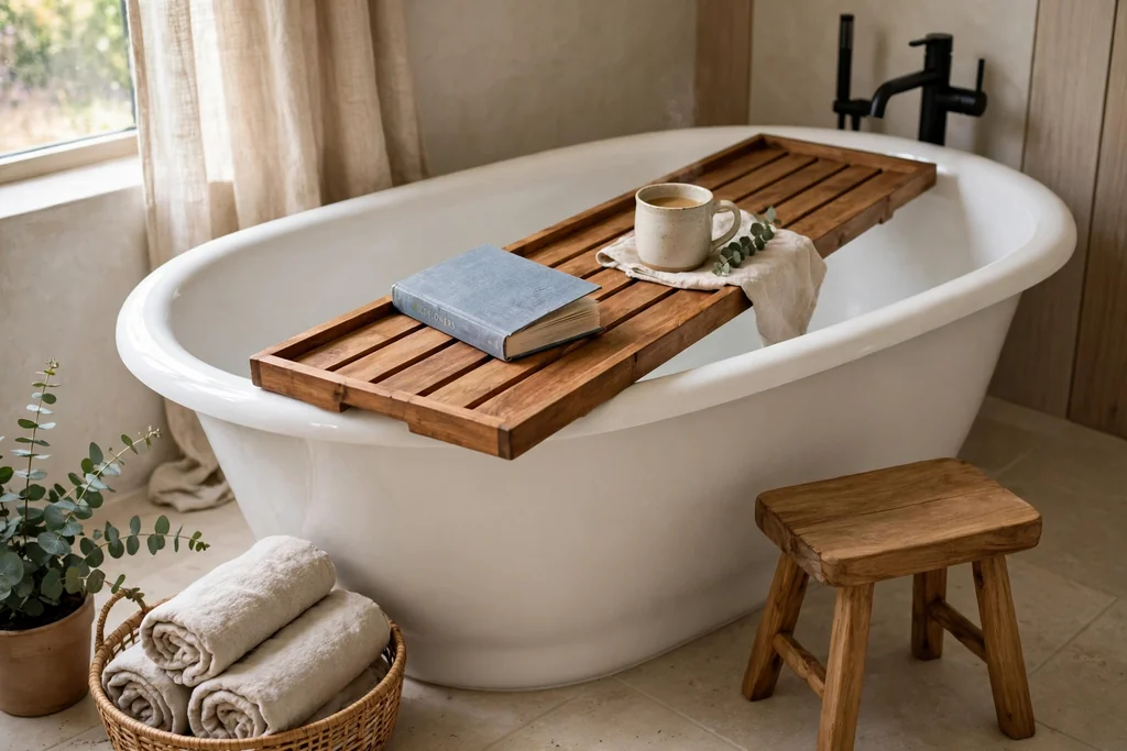 Wooden bath tray across a bathtub with a book and cup and a small wooden stool beside the bath