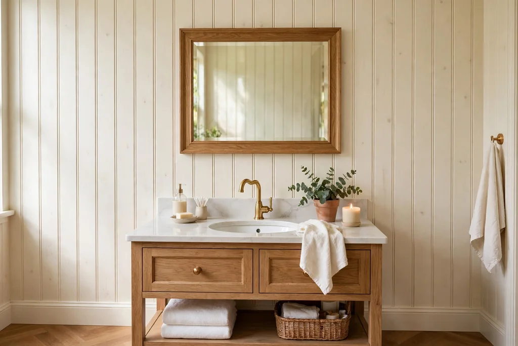 Bathroom wall with cream tongue and groove panelling behind a vanity and wood framed mirror
