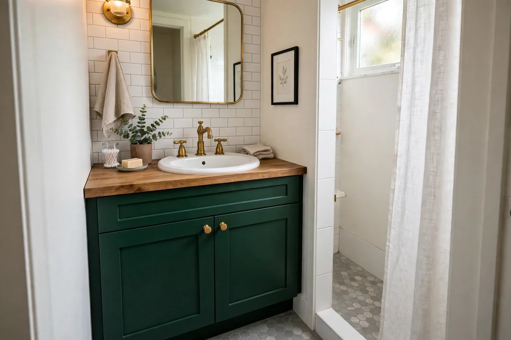 Small bathroom with a deep green vanity cabinet brass taps and a white basin
