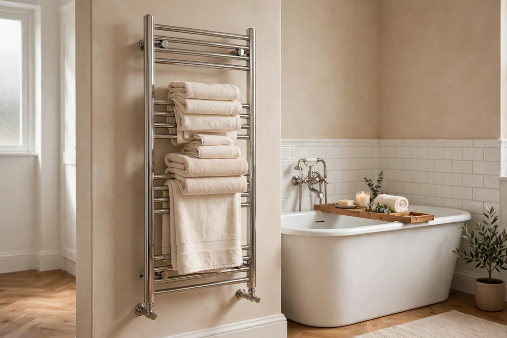 Heated ladder towel rail with folded cream towels on a bathroom wall beside a bath