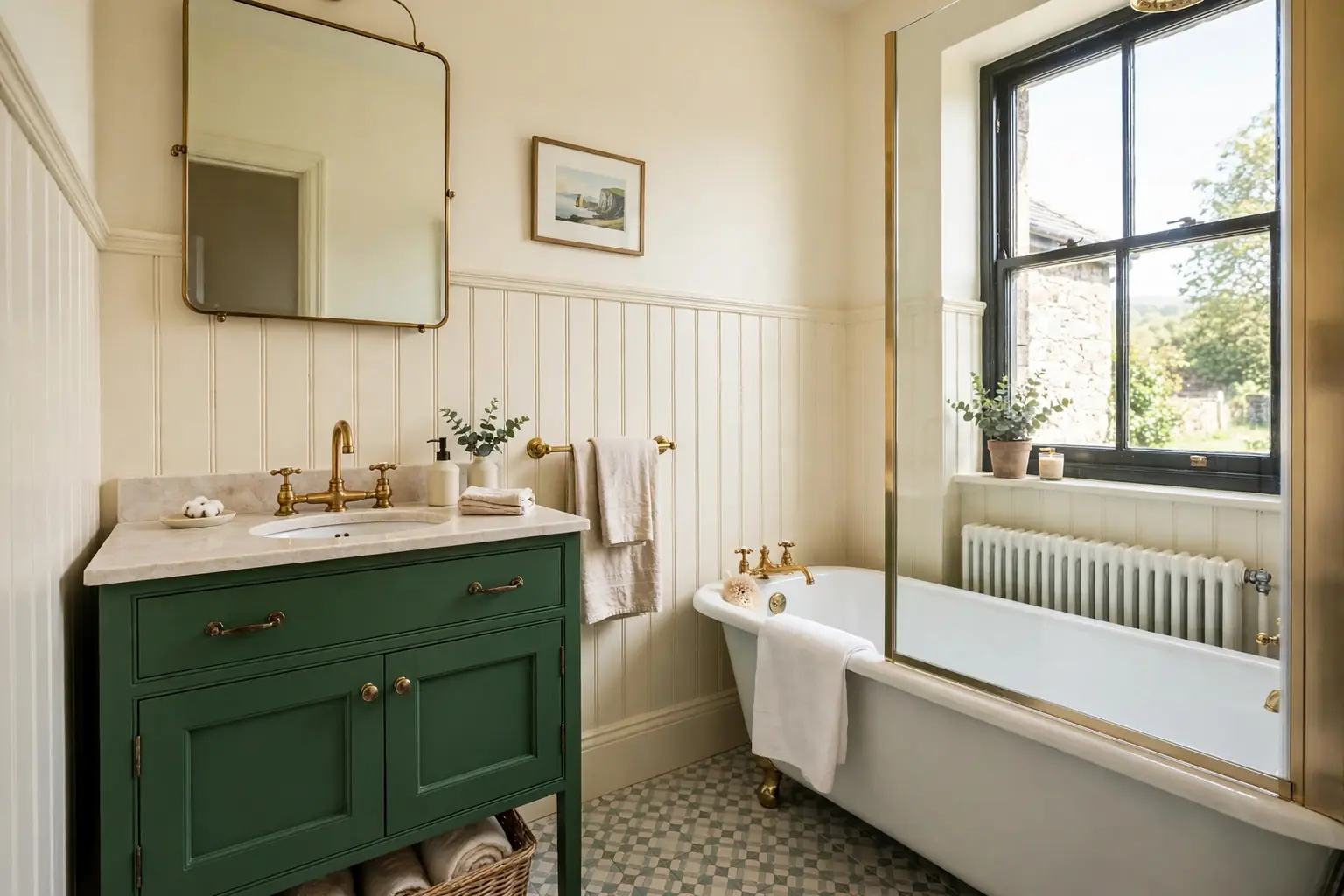 Wide small Irish bathroom with a deep green vanity cream panelling brass taps and a bath with a glass screen