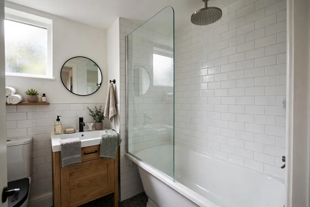 Bath with a rainfall shower head and a clear glass screen in a small bathroom