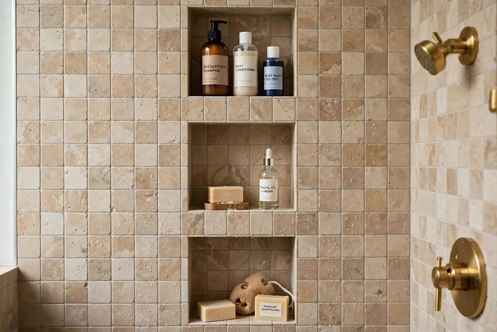 Tiled shower wall with recessed niches holding shampoo bottles and soap