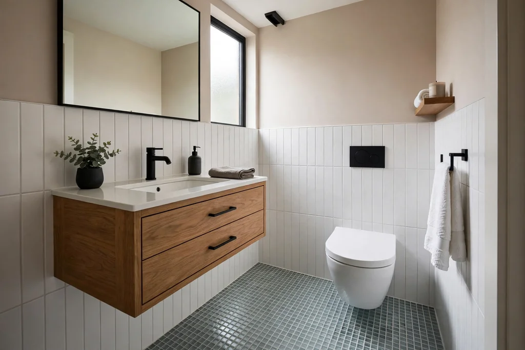 Small bathroom with a wall hung vanity and wall hung toilet showing clear floor tiles beneath