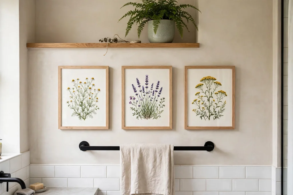 Framed wildflower prints above a towel rail with a potted fern on a high bathroom shelf