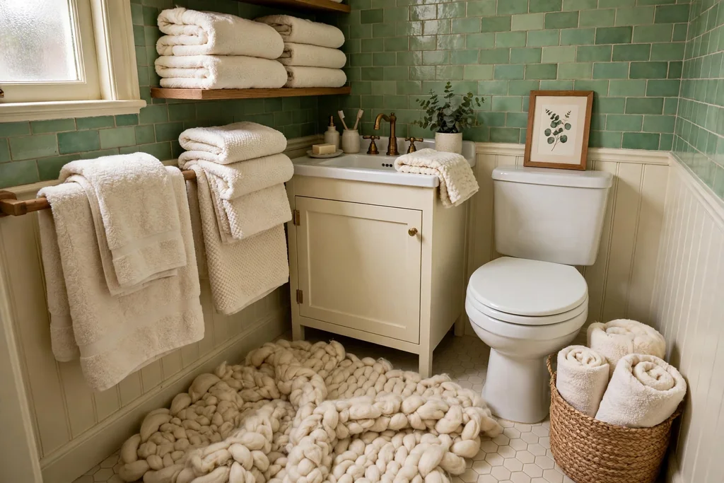 Thick cream wool towels and a heavy bath mat in a small green and cream bathroom