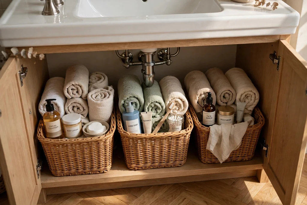 Woven baskets holding rolled towels and toiletries under a bathroom sink