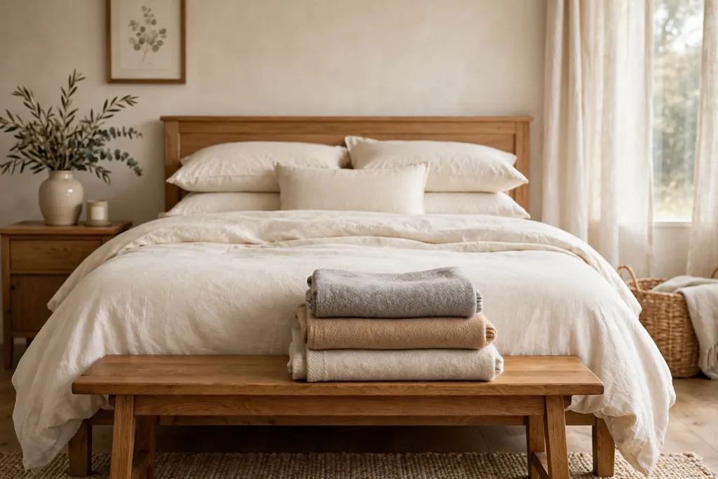 Bench at the foot of a bed with folded wool throws stacked on top.