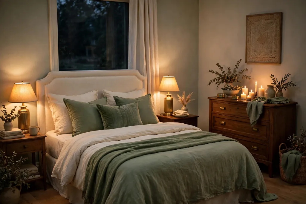 Bedroom in the evening with brass bedside lamps and candles glowing.
