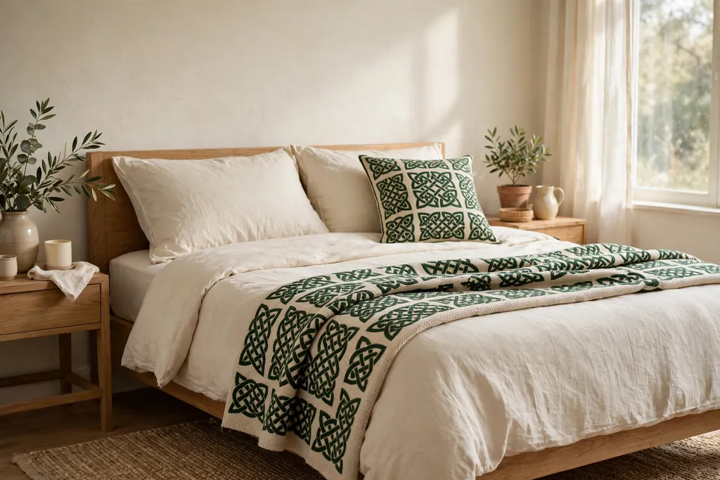 Bed with a cushion and throw featuring a small Celtic knot pattern.