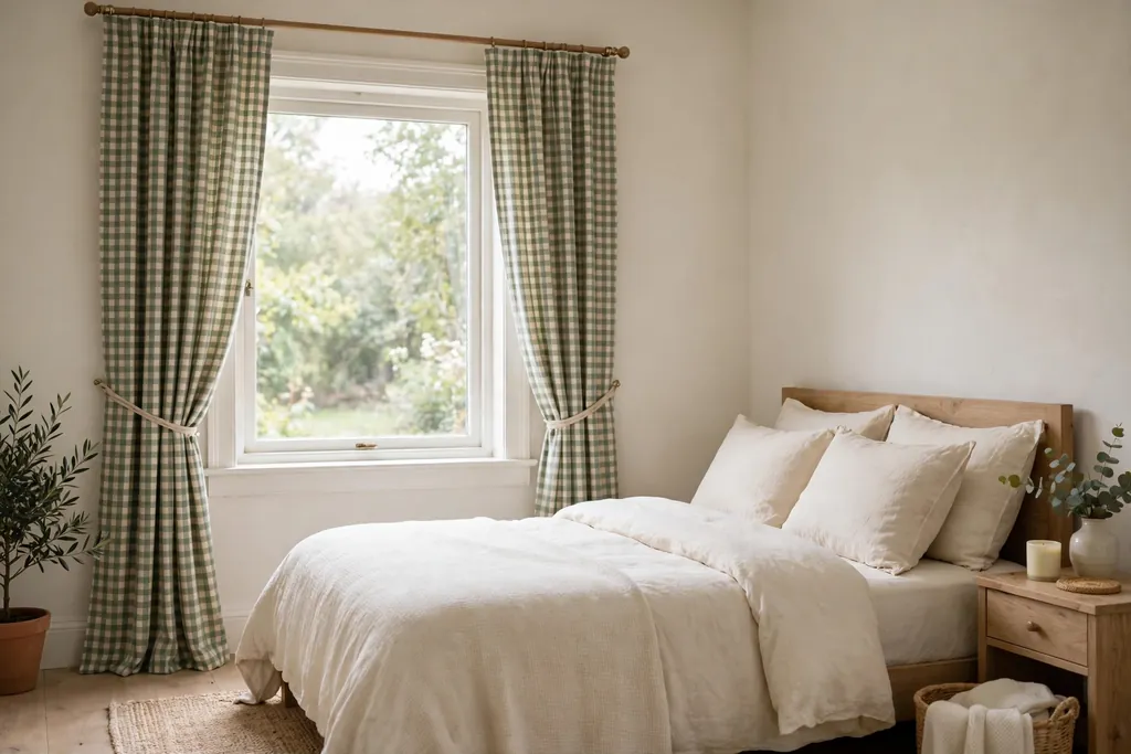 Bedroom window with muted green and cream check curtains.
