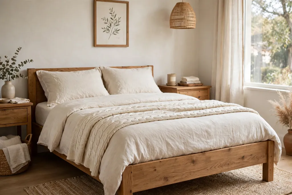 Bed with cream linen bedding and a cable knit Aran throw folded across the foot.