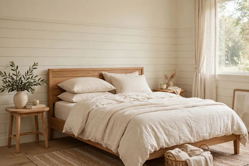 Bedroom with cream tongue and groove panelled walls and a wood bed.