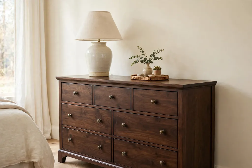 Dark wood bedroom dresser with a ceramic lamp and a tray on top.