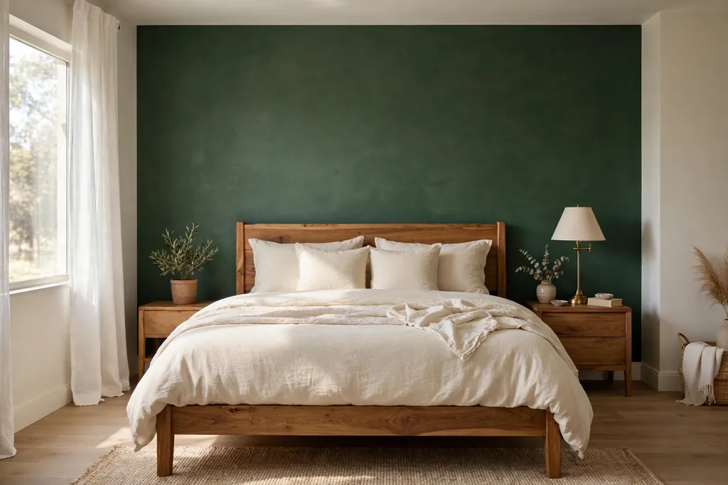 Bedroom with a deep green accent wall behind a wood bed with cream bedding.