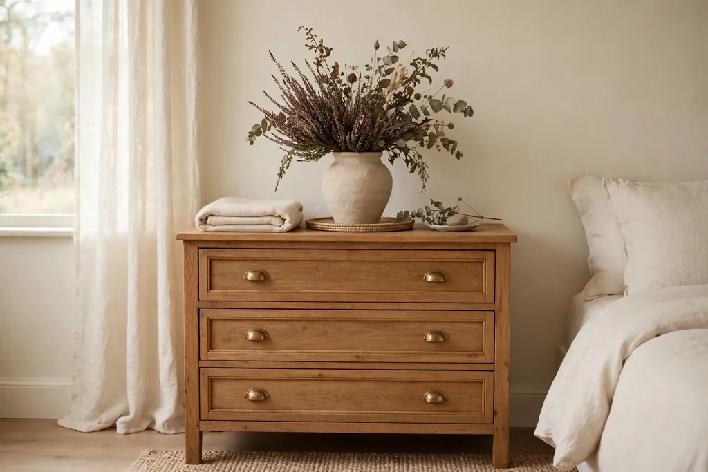 Stoneware vase with dried heather and foliage on a bedroom dresser.