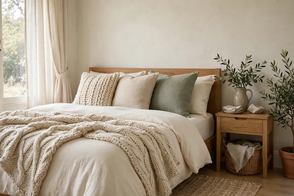 Bed with chunky knit and linen cushions in cream and sage tones.