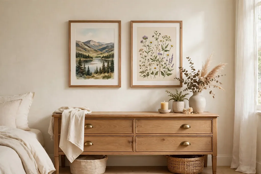 Bedroom wall with framed landscape and wildflower prints above a dresser.